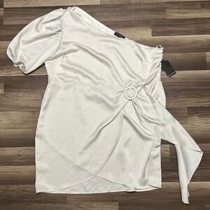 Eloquii Dress 24 Champagne Cream One Shoulder Satin Mini Puff Sleeve Elegant
